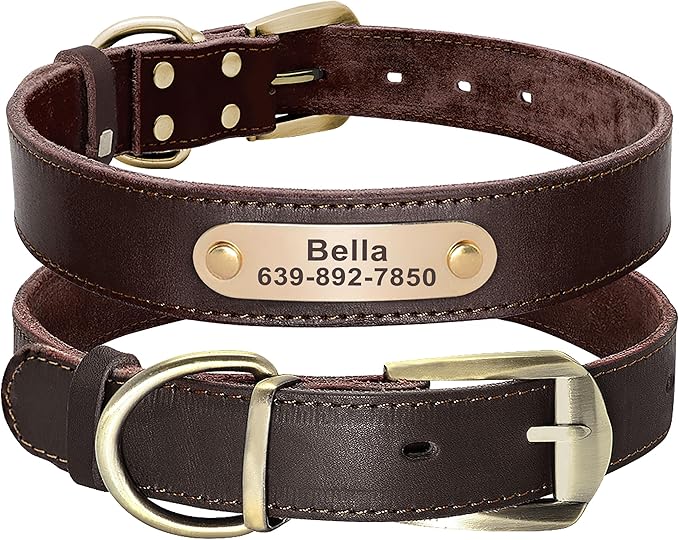 Didog Genuine Leather Dog Collars with Engraved Nameplate, Personalized Soft Leather Dog Collar with Custom ID Tag, Brown/Green/Red for Medium Large Dogs (L,Brown)