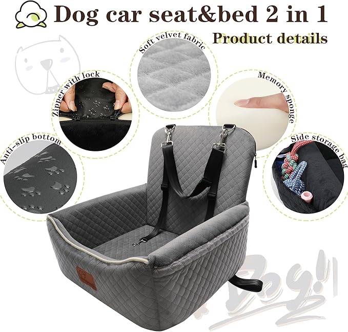 Dog Car Seat Bed 2 in 1 for Small/Medium Dogs up to 35 lbs,Adjustable Safety Leashes,Memory Foam with Soft Fabric Pets Travel Car Bed,Easily Installed in Front and Back seat,Removable and Washable.