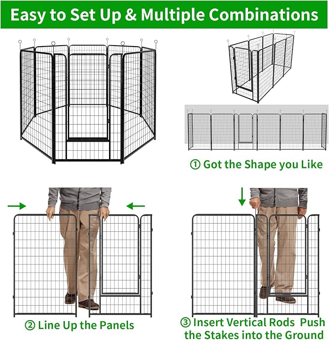 Dog Playpen Outdoor Extra Wide 8 Piece Panels Heavy Duty Dog Fence 50" Height Anti-Rust with Doors Portable for RV Camping Yard, Total 21FT, 35 Sq.ft, Snowy Black