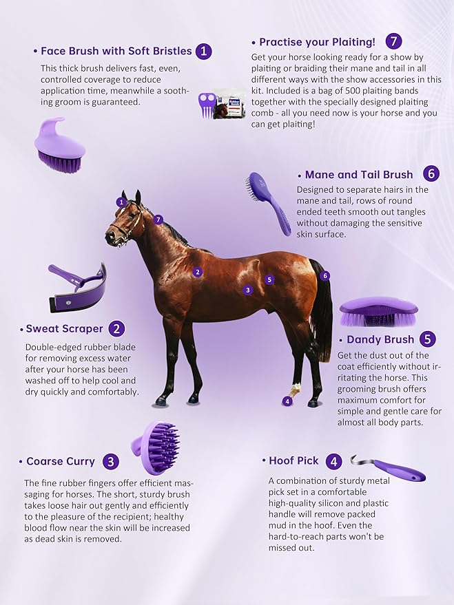 Harrison Howard Horse Grooming Brushes Kit 7 pieces with Organizer Tote Equine Care Series Horse Brush Sets Purple