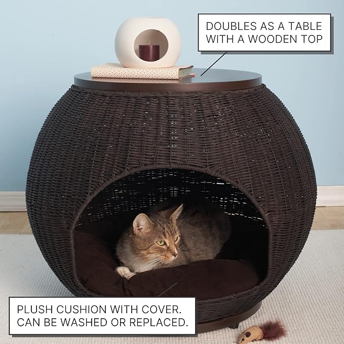Igloo Indoor Dog Bed & Cat Bed in Espresso, Multipurpose Pet Bed with Table Top, Claw-Proof Faux Rattan is Easy to Clean, Includes Washable & Replaceable Covered Cushion