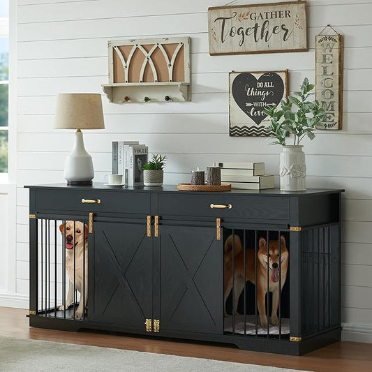 72.5" Extra Large Furniture Style Double Dog Crates for Large Breeds, XXL Wooden Dog Kennel Furniture with Drawers, Divider, Water Resistant & Barn Door for 2 Dogs, Black