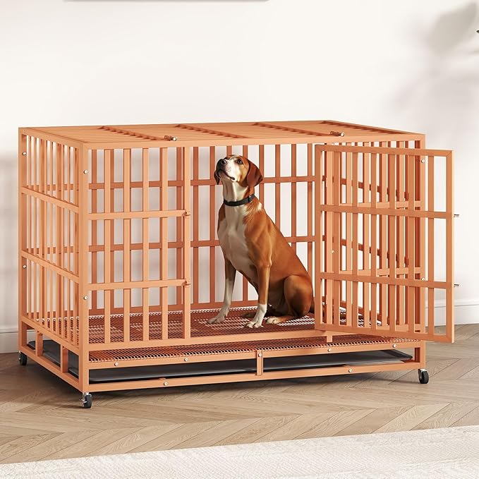48IN Heavy Duty Dog Crate Steel Escape Proof, Indoor Double Door High Anxiety Cage Removable Tray, Extra Large,Orange
