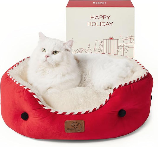 Bedsure Dog Beds for Small Dogs - Round Cat Beds for Indoor Cats, Washable Pet Bed for Puppy and Kitten with Slip-Resistant Bottom, 20 Inches, Savvy Red