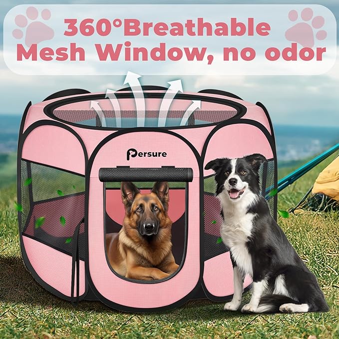 Dog Cat Playpen Indoor Outdoor for Puppy Pet Cat Recovery After Surgery, Dog Tent Crates Cage Indoor/Outdoor, Portable Pop Up Dog Kennel with Carrying Case for Travel (Premium Pink, Large)