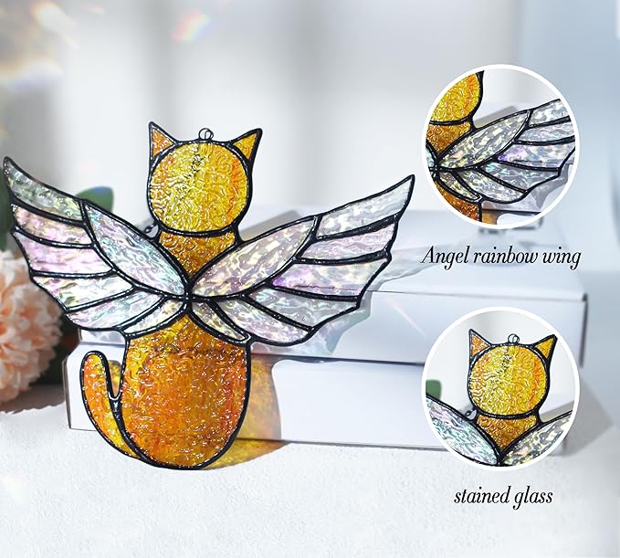 Angel Rainbow Wing Memorial Gifts - Stained Glass Cat Suncatcher, Loss of Cat Sympathy Gift (Orange)