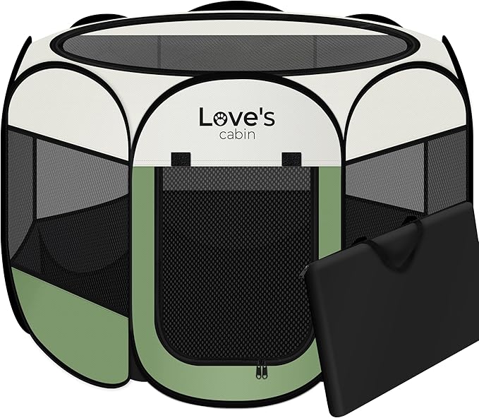 Love's cabin Pet Puppy Dog Playpen, Small Dog Tent Crates Cage Indoor/Outdoor, Portable Playpen for Cat, Foldable Pop Up Dog Kennel Playpen with Carring Case, Removable Zipper Top, Olive Green