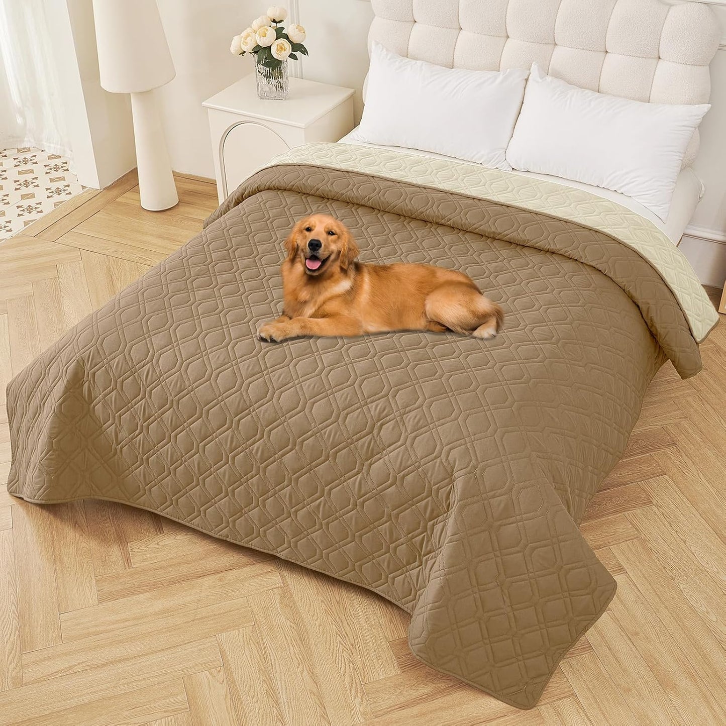 Smiry Waterproof Dog Blanket, 82x102 Inch Soft Pet Bed Cover Reversible, Washable Sofa Couch Furniture Protector for Small Medium Large Dog Puppy Cat, Geometric, Camel/Beige