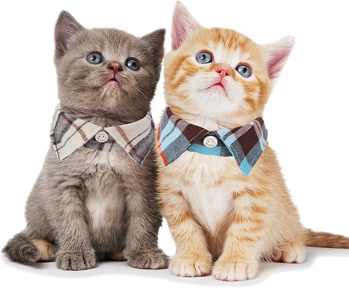 ADOGGYGO Cat Collar Breakaway with Bowtie Bell, Removable Shirt Collar, 2 Pack Beige Blue Plaid Collars for Cat Kitten