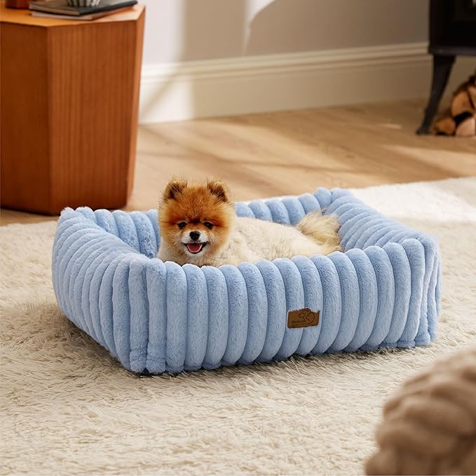 Bedsure Washable Dog Bed for Medium Dogs - Cute Furry Puppy Beds, Rectangle Orthopedic Corduroy Fleece Pet Beds with Removable Zipper Cover, 25x21x7inches, Blue