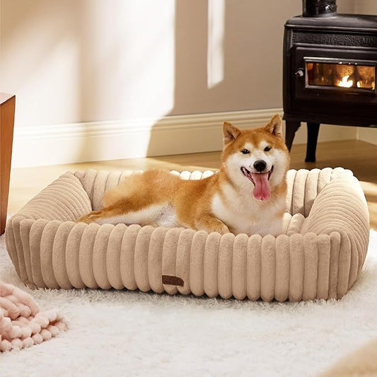 Bedsure Cute Dog Beds Large Sized Dog - Washable Furry Pet Beds, Rectangle Orthopedic Corduroy Fleece Puppy Beds with Removable Zipper Cover, 36x27x8inches,Sandy Beige