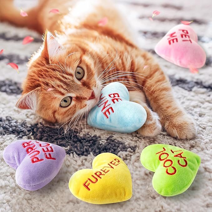 MALLMALL6 5Pcs Conversation Heart Candy Catnip Toys for Cat, Catmint Interactive Kitten Teething Chew Kick Toy for Indoor Cats, Soft Pet Sweetheart Gift Supplies