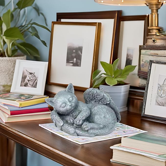 Small Cat Memorial Stone Commemorates Our Lost Fur Baby,Peaceful Sleeping Cat Angel Statue for Garden,Indoor,Pet Grave Markers,and Loss of Cat Sympathy Gift(Gray)