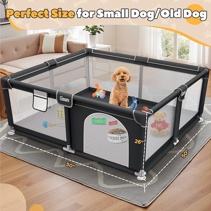 50x50x26 Inches Puppy Playpen with Gate, Dog Playpen for Puppies or Small Dogs, Sturdy Safety Dog Fence Pet Playpen with Thickened Fabric, High-Strength Nylon Wire Mesh for Indoor & Outdoor,Washable