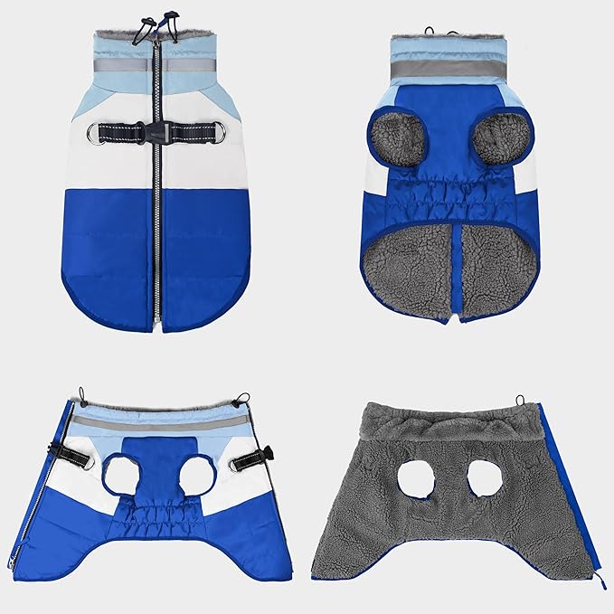 azuza Dog Jacket for Medium Dogs Waterproof Dog Coat with Reflective Strips and Harness Built in Warm Fleece Dogs Winter Coat Windproof with Back Zipper, Blue 2XL