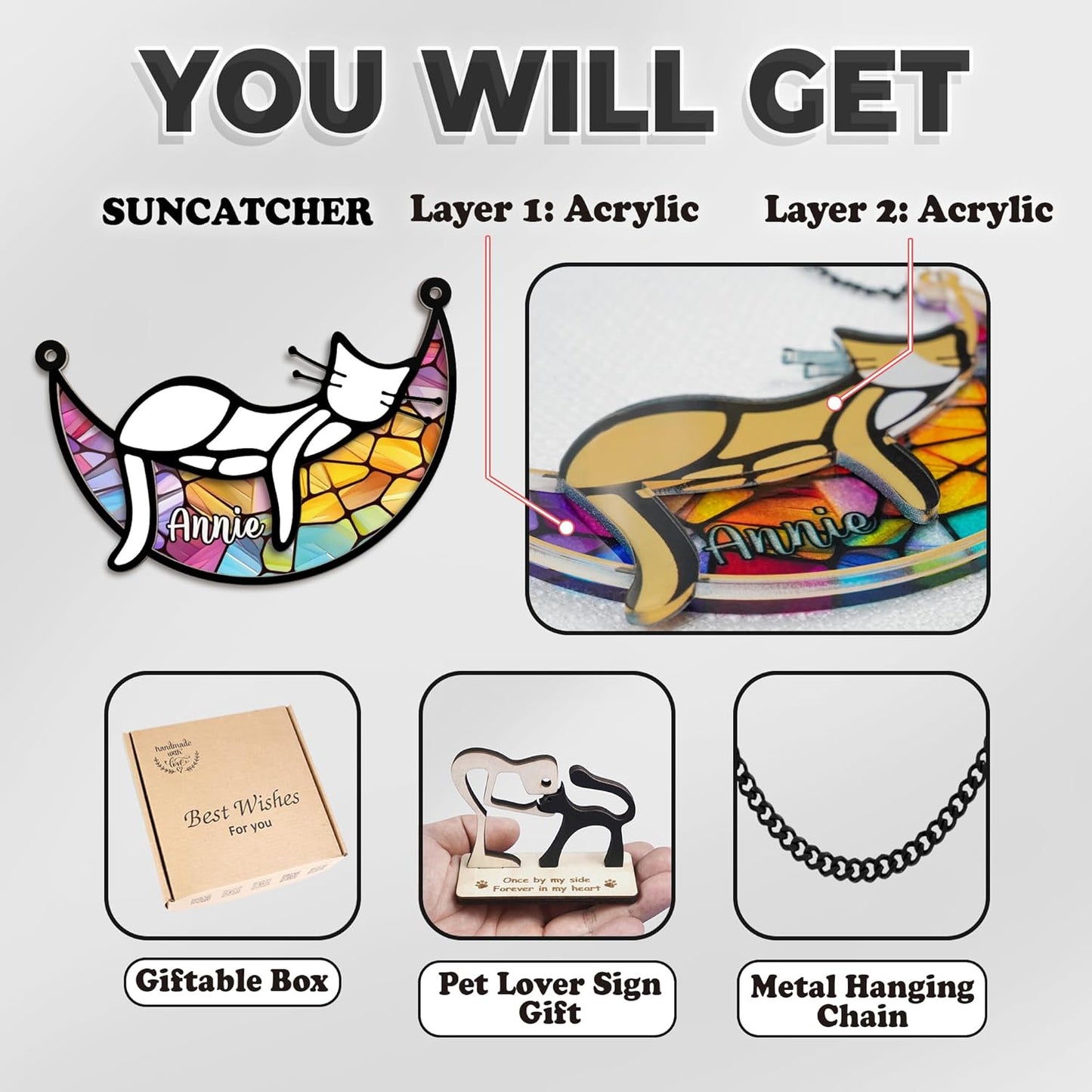 Cat Memorial Suncatcher, Personalized Name Pet Sleeping on Moon Ornament Window Car Hanging, Sympathy Gift for Loss of Pet Passed Away Keepsake, Remembrance Gifts for Cat Lovers