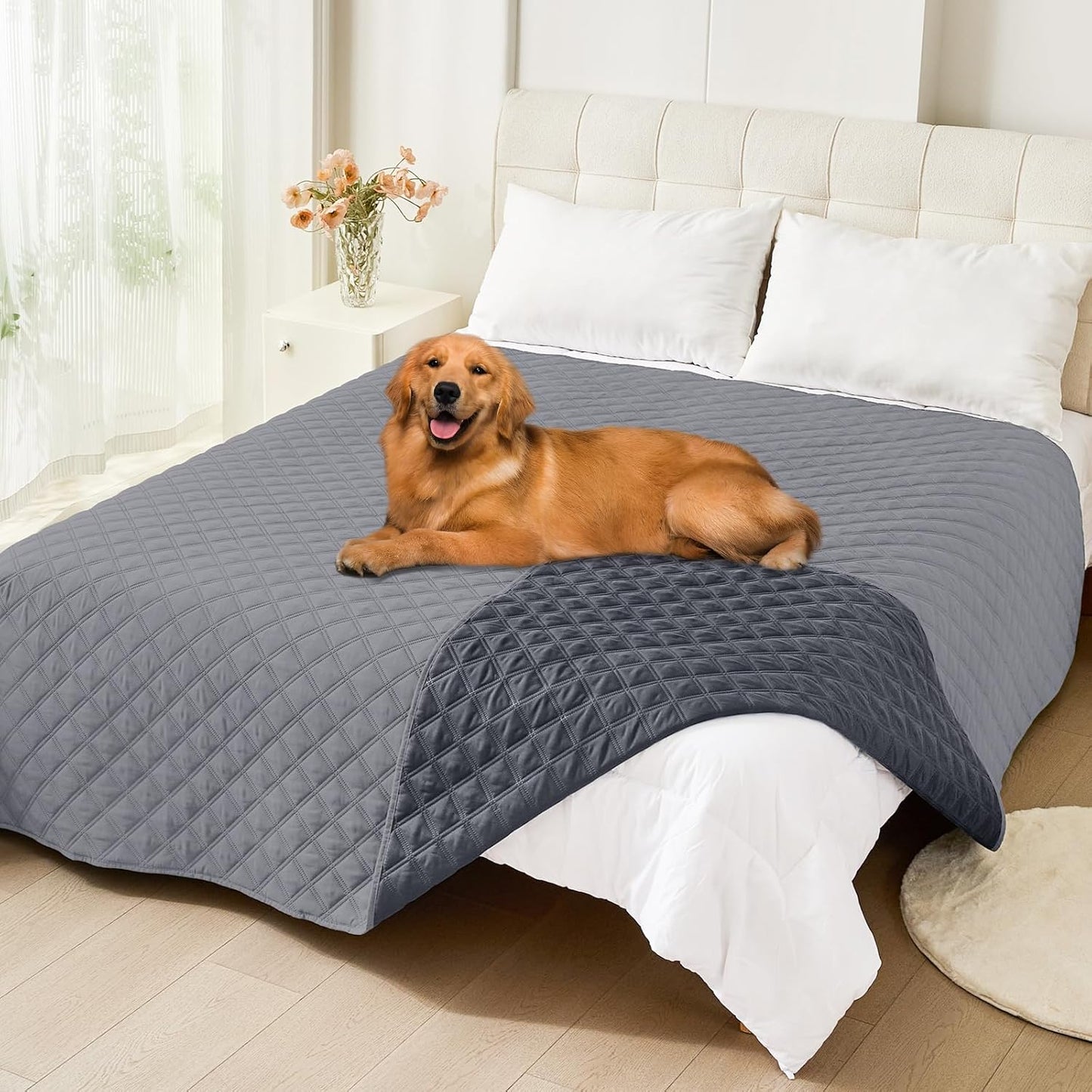 Smiry Waterproof Dog Bed Cover Pet Blanket, Soft Washable Dog Blanket for Furniture Bed Couch Sofa Reversible, Checkered (82"x102", Grey/Dark Grey)