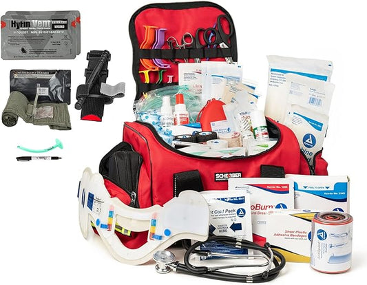 Scherber Fully-Stocked First Responder Bag | Professional EMT/EMS Trauma & Bleeding Medical Kit | HSA/FSA Approved | CAT Tourniquet, HyFin Chest Seal, Israeli Bandage & 250+ First Aid Supplies (Red)
