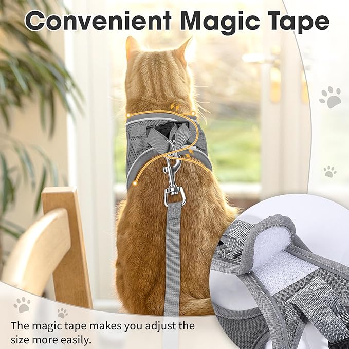 Cat Vest Harness and Leash Set for Walking Escape Proof, Adjustable Kitten Harness Breathable Mesh with Reflective Strips Harness for Kitty Puppy Bunny (Grey,XS)
