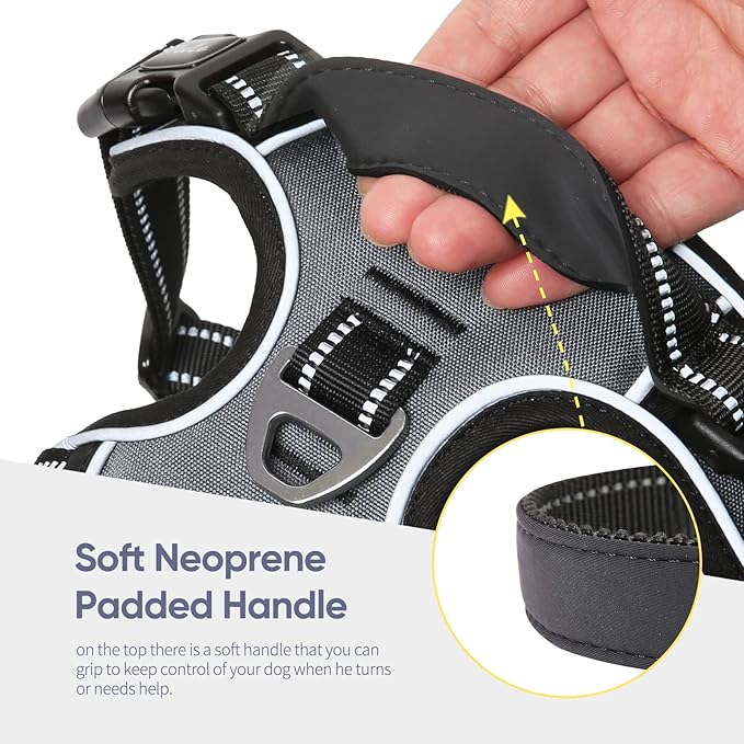 HEELE Dog Harness, No Pull Adjustable Padded Reflective Harness for Small Medium Large Dogs with Handle for Walking Training, Grey, XL