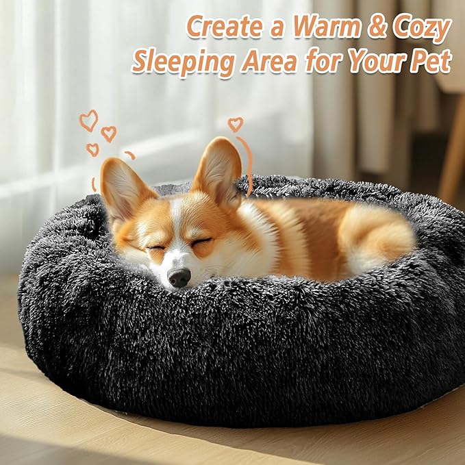 JOLLYVOGUE Medium Calming Dog Bed, Anti-Anxiety Donut Cuddler Cat Bed with Anti-Slip Bottom, Fluffy Faux Fur Machine Washable Pet Cushion for Medium Large Dog & Cat (31")