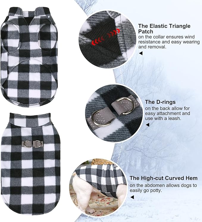 BEAUTYZOO Small Dog Sweater Fleece Vest Winter Jacket, D-Ring Leash Attachment for XS S Puppy Medium Sized Breeds Dogs, Cold Weather Dog Clothes Windproof Keep Warm, Classic White Plaid XS