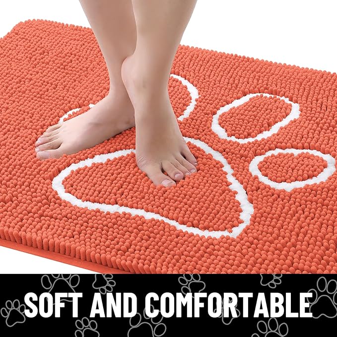 Smiry Dog Door Mat for Muddy Paws, Absorbent Dirt Trapper Non Slip Quick Dry Washable Chenille Mat for Mud Dogs, Entry Rug for Indoor and Outdoor (30x20 Inches, Coral)