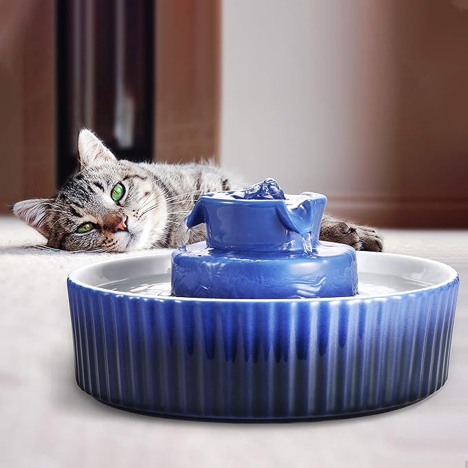 Ceramic Cat Water Fountain, 2.1L/71oz Pet Fountain for Dog and Cat, 3 Carbon Filters and 2 Pumps (Dark Blue)