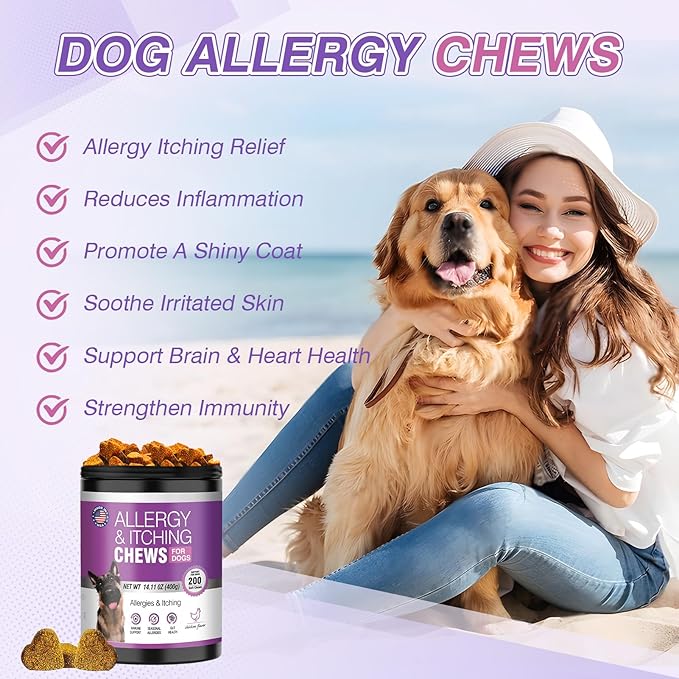 Dog Allergy Chews 200ct - Dog Allergy and Itching Skin Relief Anti Itch Aller Immune Bites for Dogs licking Itching Paws Treatment Itchy Relief Chew Probiotics Vitamins for Skin and Coat Allergies