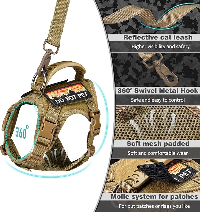 Tactical Cat Harness and Leash for Walking Esacpe Proof,Adjustable Soft Mesh Large Cat Vest with Rubber Handle Easy to Control,Molle Patches