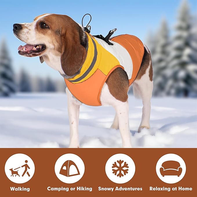 azuza Dog Jacket Waterproof Winter Coat for Small Dogs, Warm Fleece Vest with Reflective Strips & Built-in Harness, Windproof Back Zipper, Orange S