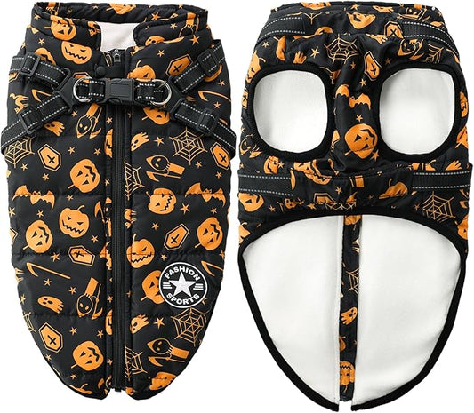 Aiboria Winter Dog Coat Windproof Fleece Jacket with Chest Strap Dog Vest Harness Halloween Black 3XL