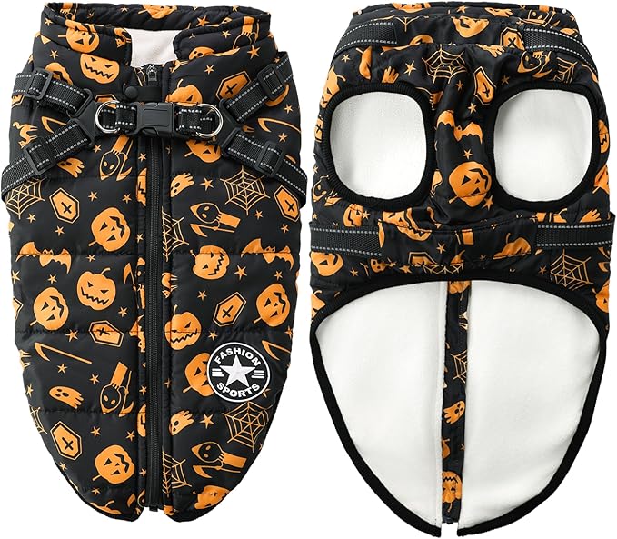 Aiboria Winter Dog Coat Windproof Fleece Jacket with Chest Strap Dog Vest Harness Halloween Black 4XL