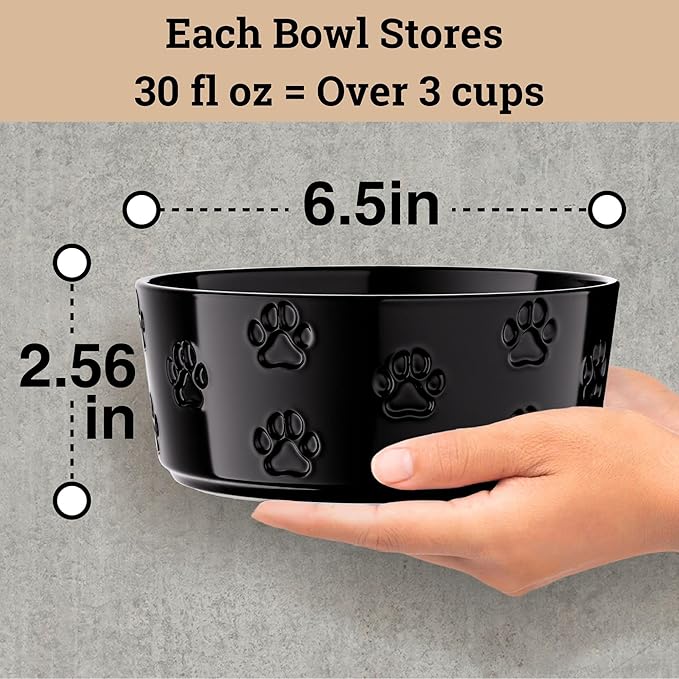 Ceramic Dog Bowl Set of 2 with Anti-Skid Base - 6.5" Wide x 2.5" Tall Ceramic Dog Bowls Medium Sized Dogs - 3.8 Cup Capacity Food and Water Bowls for Dogs - Rubber Bottom Pet Bowl Set of 2 Medium Size