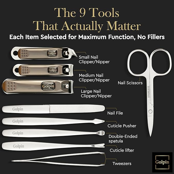 9 Pcs Manicure Kit for Men & Women – Stainless Steel Tools with Pink Travel Nail Kit Case, Nail Clippers, Cuticle Pusher, File, Gift Ready Women & Mens Manicure Set