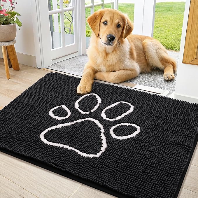 Smiry Dog Door Mat for Muddy Paws, Absorbent Dirt Trapper Non Slip Quick Dry Washable Chenille Mat for Mud Dogs, Entry Rug for Indoor and Outdoor (36x24 Inches, Black)