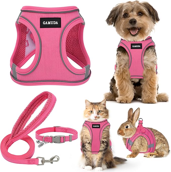 GAMUDA Small Pet Harness Collar and Leash Set, Step in No Chock No Pull Linen Fabric Soft Mesh Dog Vest Harnesses Reflective for Dogs Puppy Cats Kitten Rabbit (Pink, S)