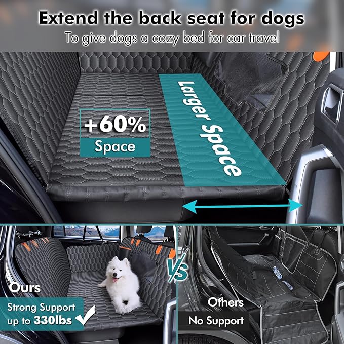 XL Back Seat Extender for Dogs-Supports 400lb,Waterproof Dog Car Seat Cover Hard Bottom-Detachable,600D Heavy Duty Scratch Proof Nonslip Soft,Dog Hammock for Car,SUVs