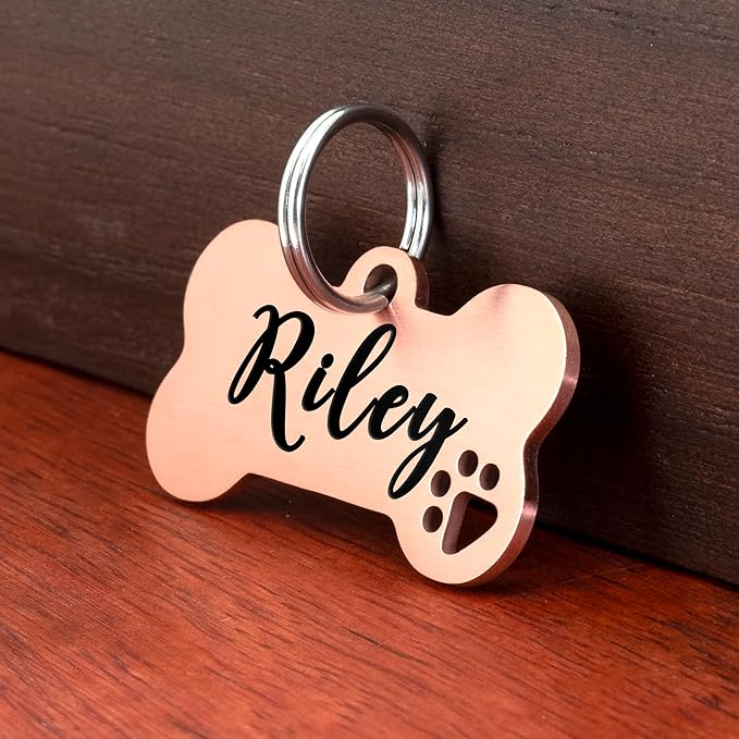 Ultra Joys Dog Tags Personalized for Pets - Hollow Paw Custom Pet ID Tag - Engraved Dog Tag for Small, Large Dogs - Large Bone in Rose