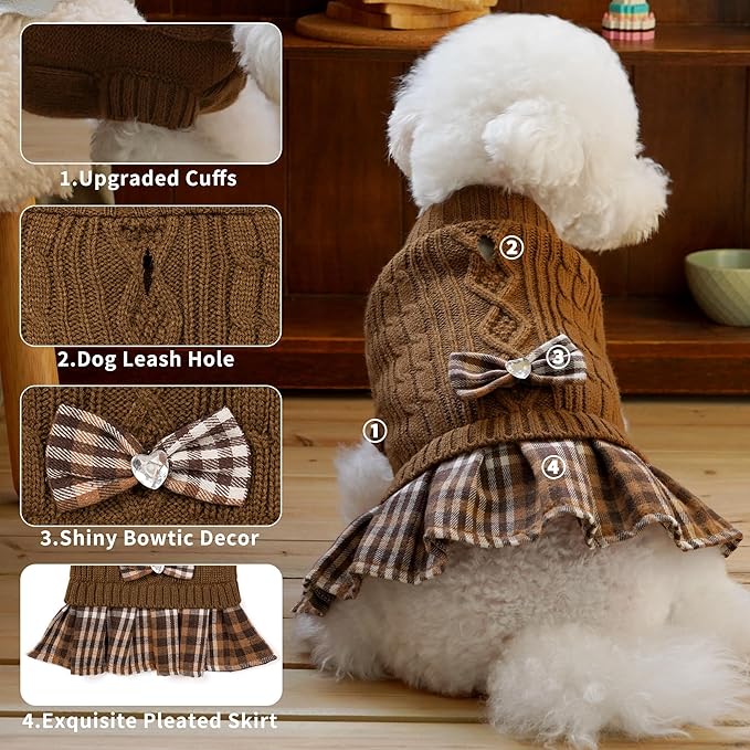 WOYYHO Girl Dog Sweater Dress with Bowtie Turtleneck Small Dogs Sweater with Leash Hole, Knitted Small Dog Sweaters Dress Puppy Winter Clothes for Yorkies Chihuahua (Medium, Brown)