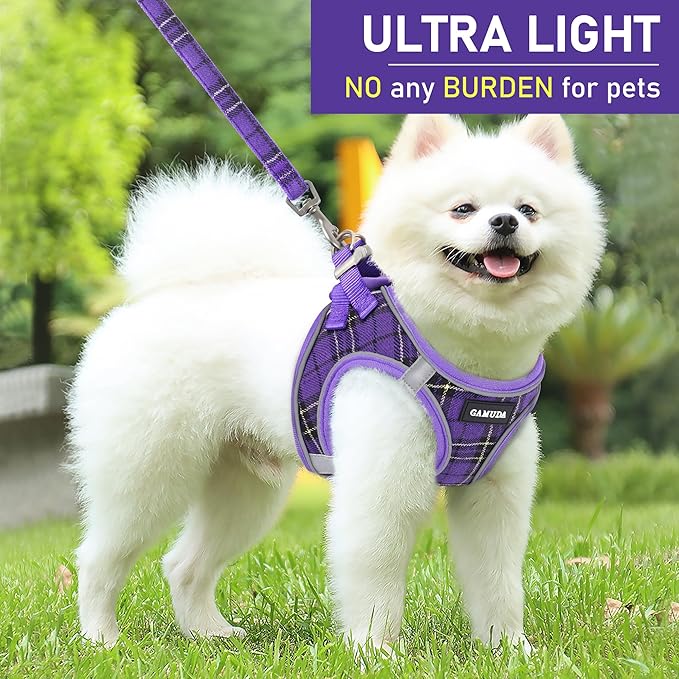 GAMUDA Small Dog Harness Collar and Leash Set, Step in No Chock No Pull Soft Mesh Adjustable Dog Vest Harnesses Plaid Reflective for Dogs Puppy Cats Kitten Rabbit (Purple, XS)