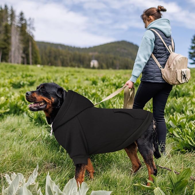 Dog Sweaters,Dog Hoodie,Cozy Fleece Interior Sweatshirt with Hood & Pocket,Leash Hole,Pet Clothes Sweater for Small,Medium,and Large Dogs,Black&L