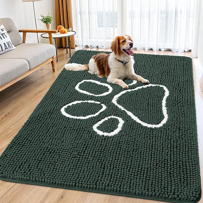 Smiry Dog Door Mat for Muddy Paws, Absorbent Dirt Trapper Non Slip Quick Dry Washable Chenille Mat for Mud Dogs, Entry Rug for Indoor and Outdoor (71x46 Inches, Green)