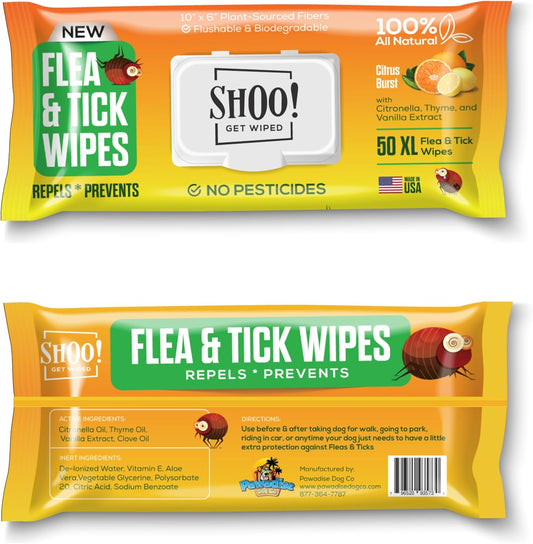 Shoo! Flea & Tick Wipes for Dogs | Convenient, Easy On-The-Go Protection | Plant Based, Natural Oils, Chemical Free | Repels & Prevents | 50 XL Wipes | (Citrus Burst)