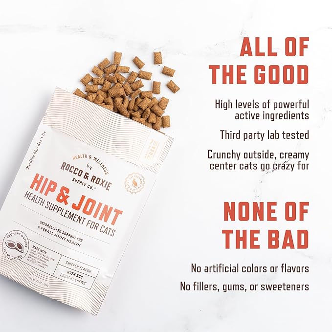 Rocco & Roxie Senior Cat Hip & Joint Supplements - Chicken Flavored Glucosamine Joint Supplement for Cats, Cat Arthritis Pain Relief, with Green Lipped Mussel, Made in USA, Over 300 Crunchy Chews