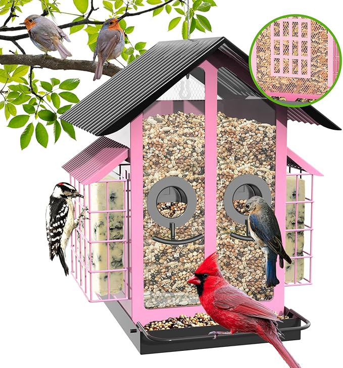 Bird Feeders for Outdoors, Metal Bird Feeder with Double Suet Cage Weatherproof Metal Roof, 2 in 1 Mixed Seeds Suet Feeder, 4Lbs Large Capacity, Great for Finch、Cardinal、Chickadee（Pink）
