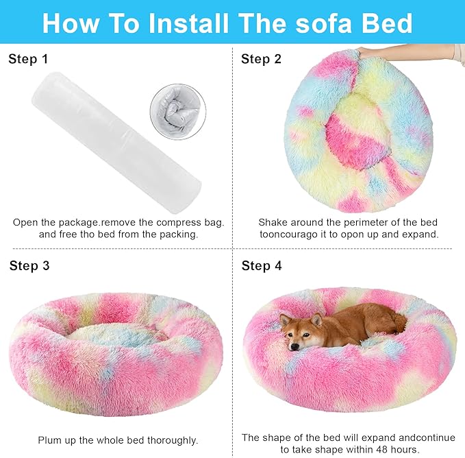 Dog Calming Beds for Small Medium Large Dogs - Round Donut Washable Puppy Dog Bed, Anti-Slip Faux Fur Fluffy Donut Cuddle Anxiety Cat Pet Bed(36'' Color)