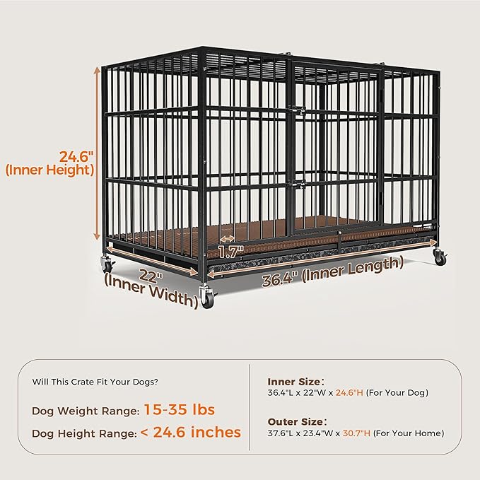 38" Heavy Duty Dog Crates for Small Dogs, Escape Proof, Upgraded 4 Lockable Wheels, Removable Door, Dog Kennel Indoor, Max Load 300Lbs, Easy to Clean, Medium Dog Crate for High Anxiety Dogs