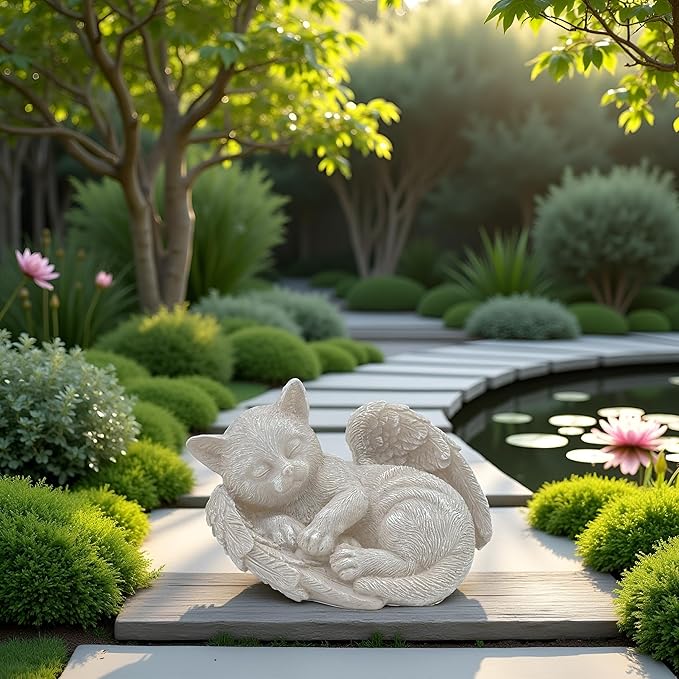 Small Cat Memorial Stone Commemorates Our Lost Fur Baby,Peaceful Sleeping Angel Statue for Garden,Indoor,Pet Grave Markers,and Loss of Cat Sympathy Gift (Milky White, Small)