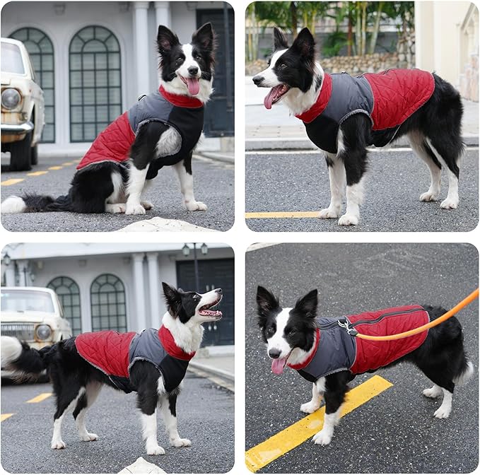 Warm Fleece Dog Coats for Large Dogs,D-Rings Waterproof Puppy Jacket for Cold Winter,Red XXXL